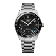 Quadrante nero mat con numeri arabi applicati e lancette argentate lucide con trattamento Swiss Super-LumiNova® dell'orologio Longines Spirit Zulu Time automatico